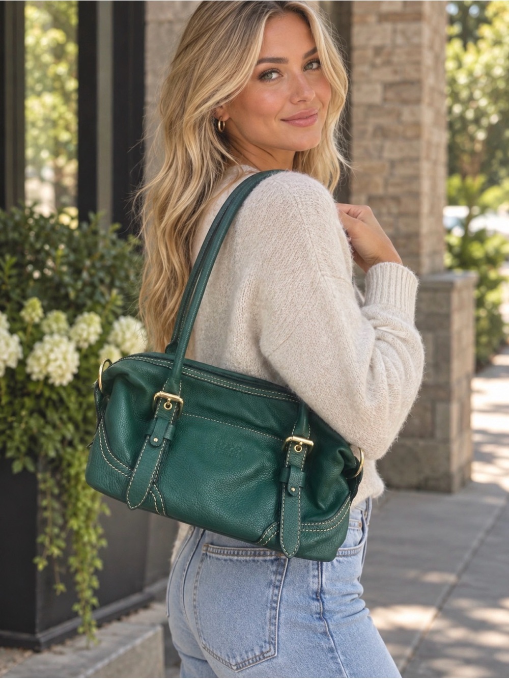 Maxx New York genuine green leather with gold hardware shoulder bag